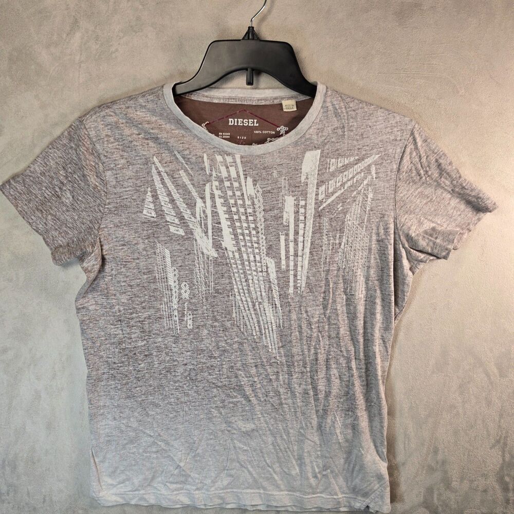 DIESEL Mens Graphic T-Shirt Gray Heathered Abstract Cityscape Print Crew Neck XL